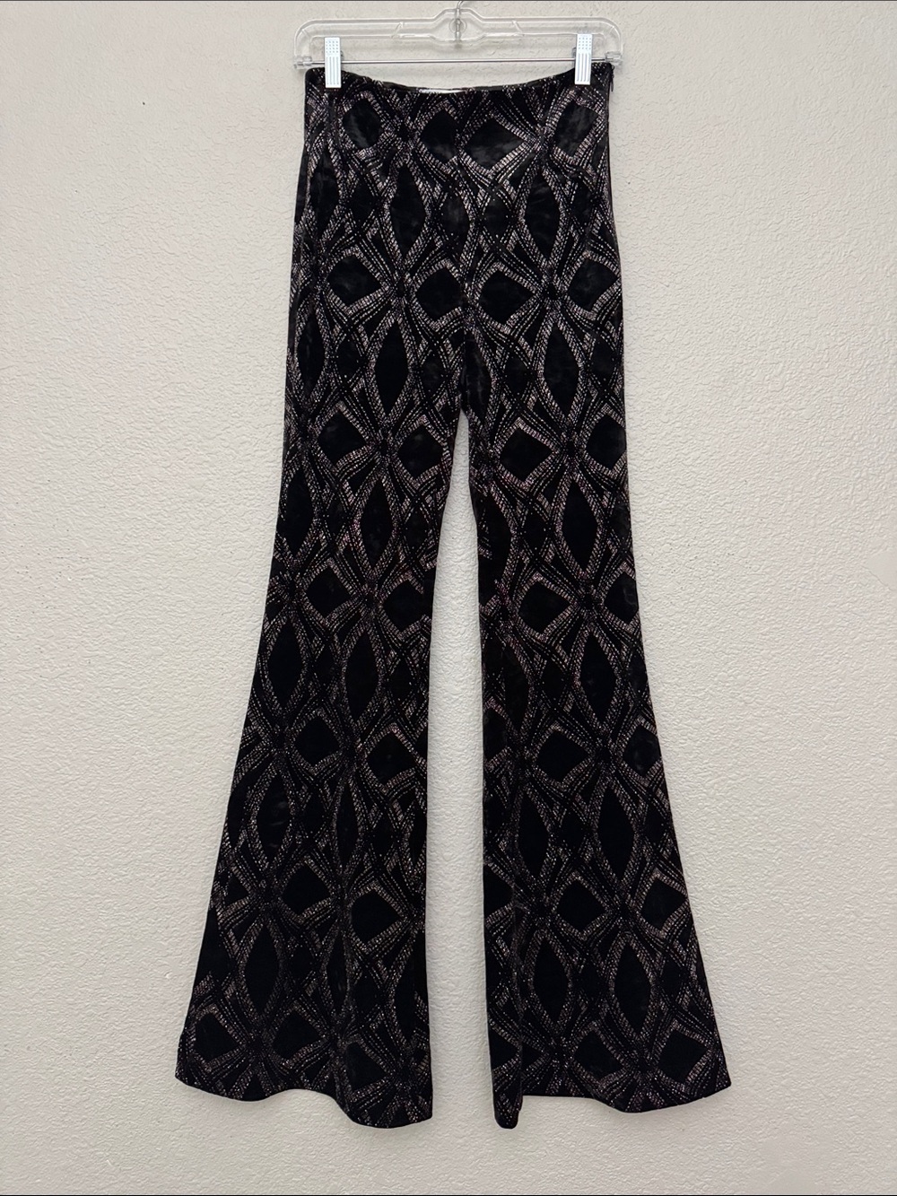 ZARA Black Velvet Metallic Sparkle Glitter Flare Leg Pants Size XS